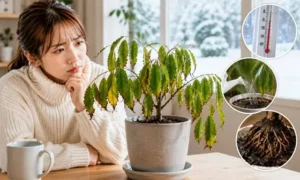 冬の寒さで元気がなくなった観葉植物を心配そうに見る女性。葉が垂れる症状と低温、水やり過多による根の異常を示したイメージ