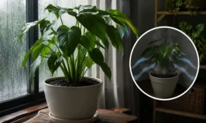 日当たり不足と風通しの悪さで観葉植物の鉢内が蒸れやすくなっている様子