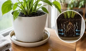 受け皿に溜まった水で観葉植物の根が呼吸しにくくなっている状態のイメージ
