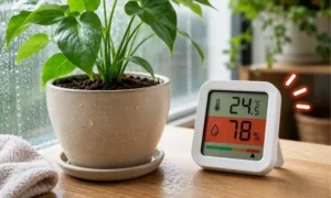 観葉植物が弱る前に湿度計で危険な湿度をチェックしている写真