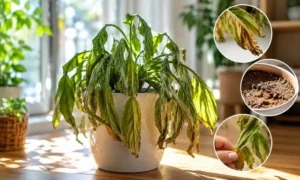 夏の暑さでぐったりした観葉植物と水切れサイン。葉が垂れる・葉先が枯れる・土が乾燥する状態を比較した画像