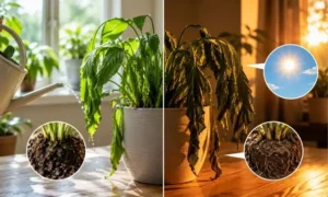 朝に水やりした観葉植物が夕方にはぐったりする様子を比較した画像。夏の高温や乾燥によるしおれの原因を示している