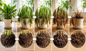 観葉植物の水切れが進行する様子を比較した画像。葉のしおれから枯死までの変化と根の乾燥状態を段階的に示している