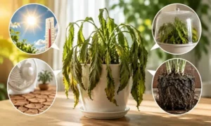 夏にしおれた観葉植物と、高温・乾燥・鉢内の蒸れによるストレスを比較した画像。水切れ以外の原因を示している