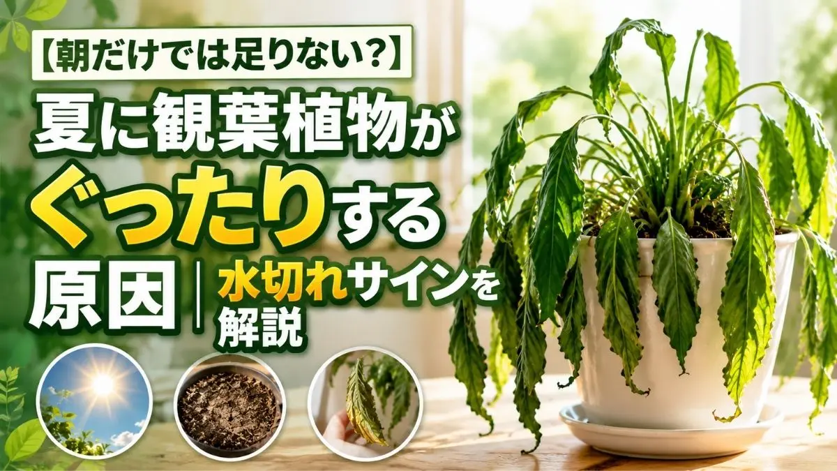 夏にぐったりした観葉植物の様子。葉が垂れる・土が乾燥する・葉先がしおれるなど水切れサインを示した画像