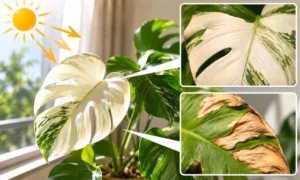 夏の強い日差しで白くなった観葉植物の葉と、葉焼けによる茶色い傷みを比較した診断イメージ