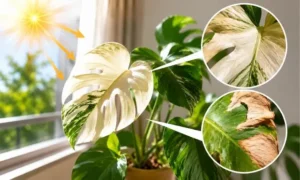 夏の直射日光で白くなった観葉植物の葉と葉焼け症状を比較したイメージ画像