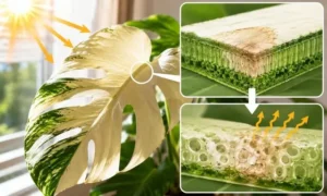 強い直射日光で白くなった観葉植物の葉と葉内部のダメージを比較した解説イメージ