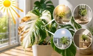 強い日差しで葉焼けした観葉植物と危険な置き場所の共通点を示した画像