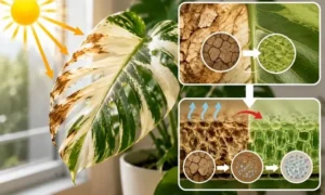 乾燥した観葉植物の葉が葉焼けを起こしやすくなる仕組みを表したイメージ画像