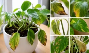 寒さで弱った観葉植物に出やすい症状一覧。葉が黄色い、葉先が枯れる、葉が垂れる状態を比較したイメージ