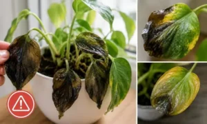 葉が黒い・ブヨブヨする観葉植物の危険な症状を比較したイメージ。枯れる前兆や根腐れのサインを解説