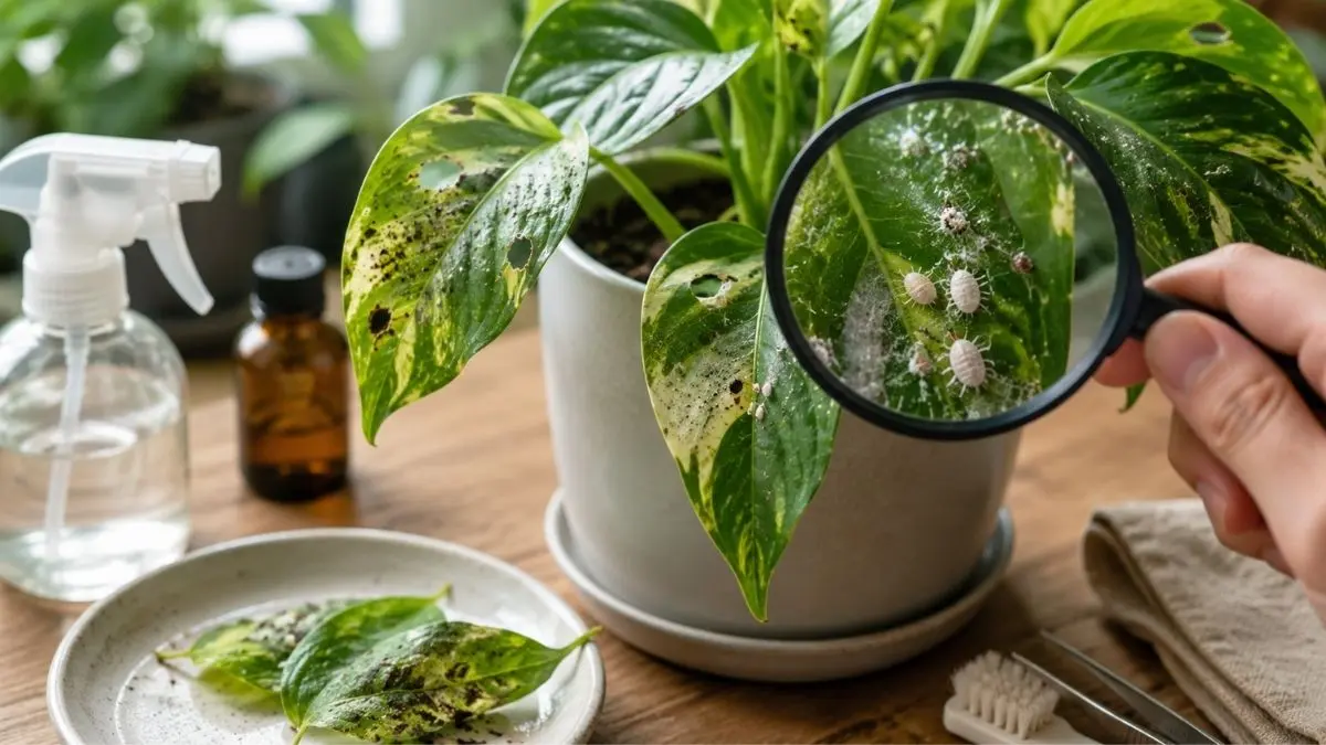 ルーペで観葉植物の害虫を確認する様子｜ハダニやカイガラムシ対策のイメージ