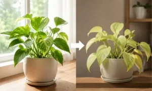 観葉植物の置き場所変更による葉色の変化比較｜明るい場所から環境を変えた後に葉が薄い黄緑色になったイメージ