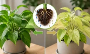 根の吸収力が低下した観葉植物の比較イメージ｜健康な根と弱った根による葉色の違いを示した図