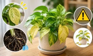 元気そうに見える観葉植物に現れた黄色い葉と根の異変｜水やり過多による初期症状のイメージ