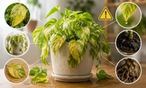 元気がない観葉植物と湿った土・傷んだ根の比較イメージ｜水やり過多で現れる異変を紹介