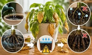 観葉植物の根腐れと酸欠状態を図解したイメージ｜過剰な水やりで起こる危険な変化を解説