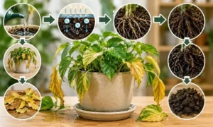 観葉植物の根腐れと葉枯れの関係を順番に示した図解イメージ｜初心者が見落としやすい危険サイン