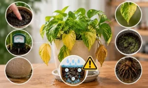 観葉植物の過湿状態を示すイメージ｜湿った土・葉の黄変・根の異常などの危険サインを解説