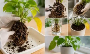 観葉植物の根腐れから復活させるために根の確認や植え替えを行う応急処置の写真