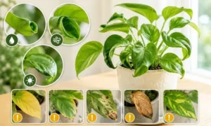 観葉植物の葉が丸まる症状と黄色い葉や枯れ葉など危険サインを比較した診断用画像