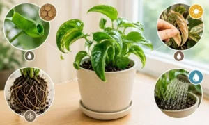 観葉植物の葉が丸まる原因となる水不足・乾燥・根の不調を比較した診断用画像