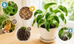 観葉植物の葉が内側に丸まる症状と水不足・乾燥・根の不調によるストレスサインを比較した画像