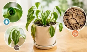 観葉植物の水不足サインで葉が丸まりしおれた状態と乾燥した土を比較した診断用画像