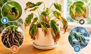 観葉植物の葉が丸まって茶色く枯れる症状と乾燥・根傷み・寒さによるダメージを比較した画像