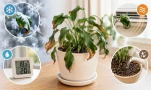 冬に葉が丸まった観葉植物と寒さ・エアコン乾燥・水やり過多によるストレス症状を比較した画像