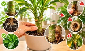 観葉植物の幹が柔らかくなる原因や腐り始めの症状を健康な幹と比較して解説するイメージ