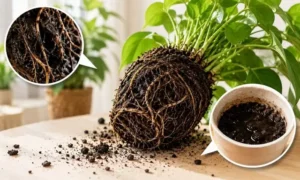 湿った土と根の状態から冬の根腐れリスクを解説する観葉植物のイメージ