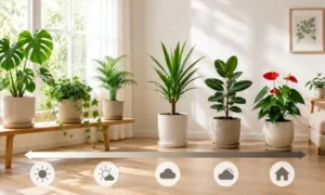 観葉植物を窓際から室内へ配置した様子。日当たりや置き場所に合わせて育てやすい種類を選ぶイメージ