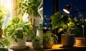 朝と夜の観葉植物管理を比較。水やりに最適なタイミングをわかりやすく表現したイメージ