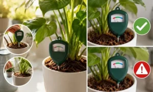 観葉植物の水分計で土の乾き具合を測定しているイメージ。水やりタイミングの判断に役立つ様子を表現