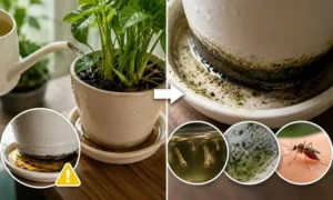 観葉植物の受け皿に残った水が原因でカビや害虫が発生するリスクを比較したイメージ