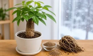 冬の窓辺に置かれた観葉植物と肥料、植え替え直後の根の様子