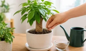 観葉植物に固形肥料を適量与えている様子