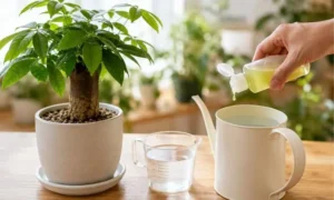 観葉植物に液体肥料を薄めて与える準備をしている様子