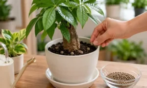 観葉植物の鉢の縁に固形肥料を置いている様子