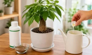 ハイポネックスを希釈して観葉植物に与える準備をしている様子