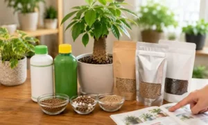 観葉植物用の液体肥料と固形肥料を比較しながら選んでいる様子