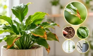 観葉植物の葉先が茶色く枯れ始めた様子と原因の見分け方を解説するイメージ