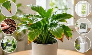 葉先が茶色くなった観葉植物と水やり・土の乾き・湿度・置き場所を確認するポイントのイメージ