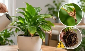 水やりをしているのに葉先が茶色く枯れる観葉植物と根の傷みを確認するイメージ