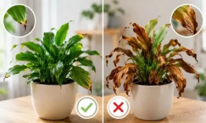 観葉植物の葉先だけ茶色くなった状態と葉全体が茶色く枯れた状態を比較したイメージ
