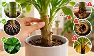 観葉植物の幹がぶよぶよする原因や根腐れによる腐敗症状を健康な幹と比較したイメージ