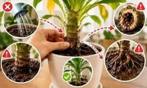 水やりのしすぎで幹が柔らかくなった観葉植物と根腐れによる腐敗の進行を示したイメージ