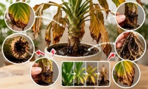 根腐れが進行した観葉植物の葉の黄変・幹の腐敗・根の黒ずみなどの症状をまとめたイメージ